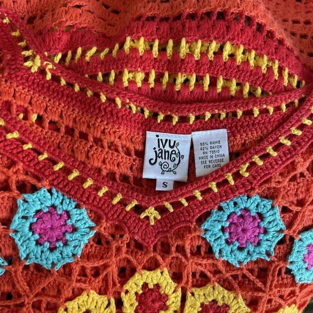 Ivy Jane Crochet Tunic Top Multicolor Short Sleeve Floral Boho Hippie Festival S - Picture 4 of 4